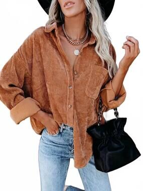 NEW UNKNOWN oversized corduroy button up shirt with chest pocket in brown